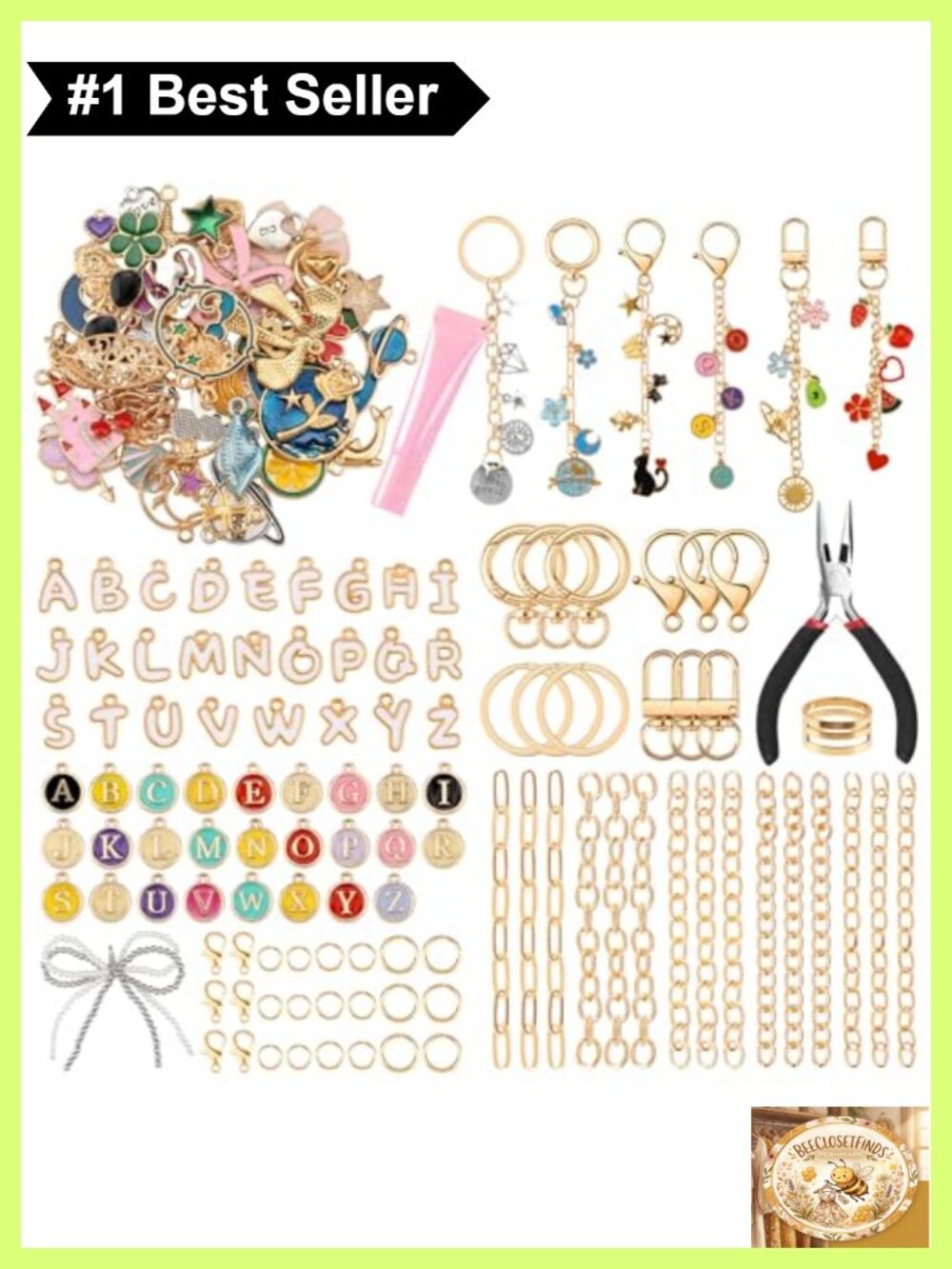 413pc DIY Keychain Making Kit with Lip Gloss Charms Alloy Metal Tools